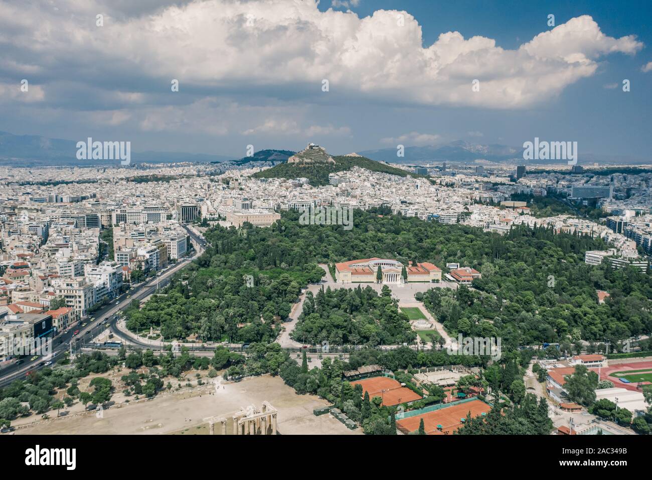 Aerial drone shot of Lycabettus hill and Zappeion in National Garden and Olimpio in Athens Stock Photo