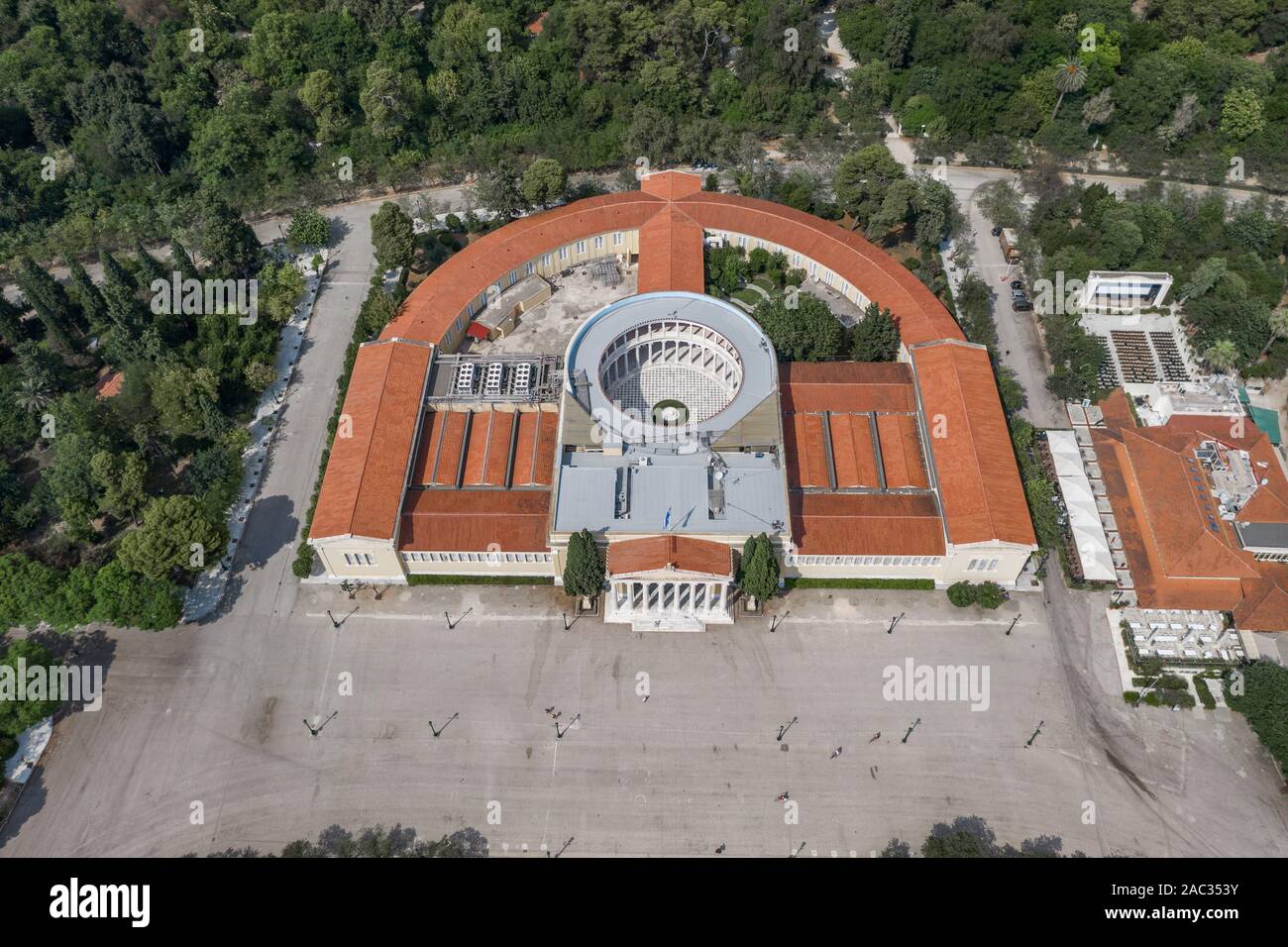 Aerial drone shot of Zappeion Hall in national garden of Athens with atrium Stock Photo