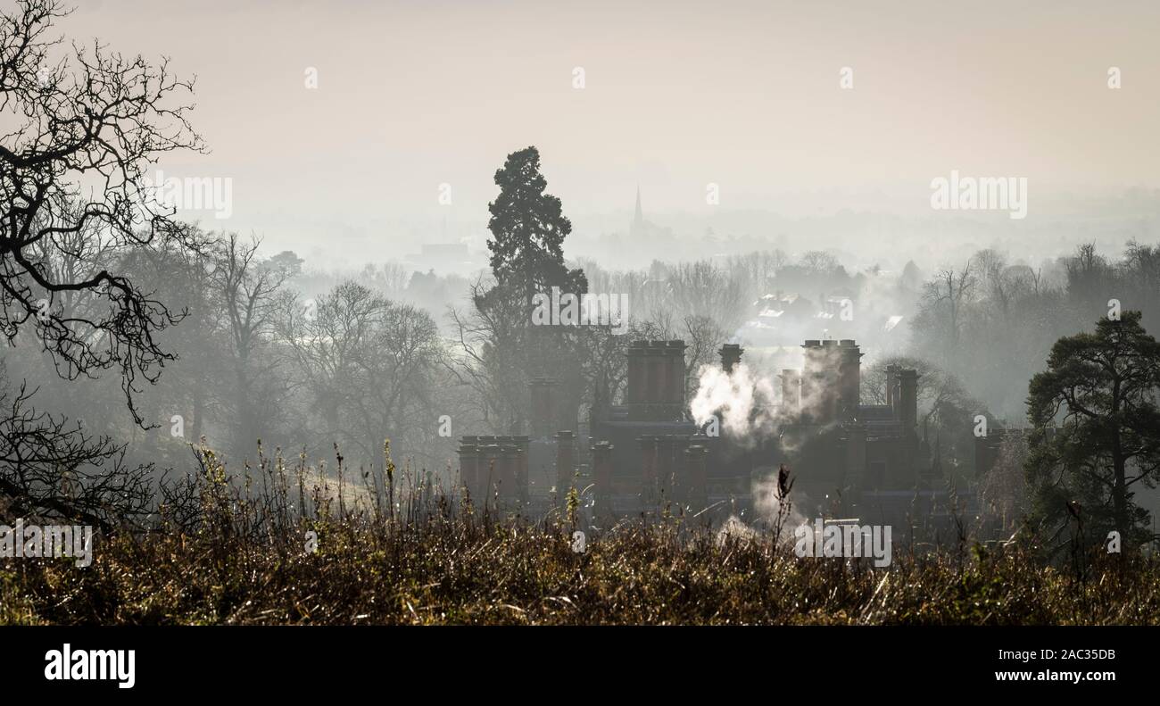 A misty winter morning over Stratford upon Avon from the Welcombe Hills Stock Photo