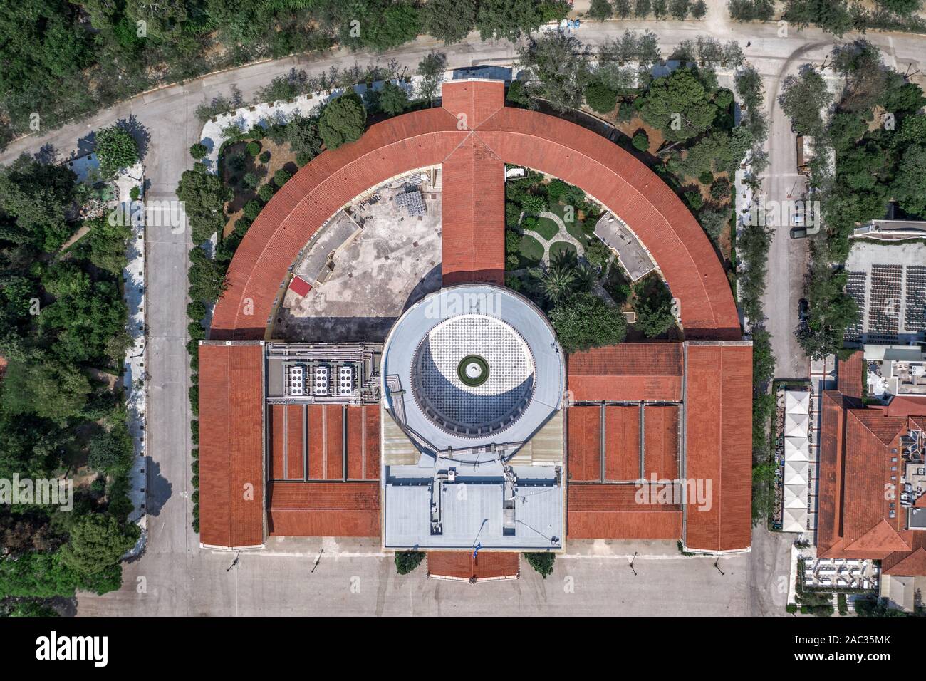 Overhead aerial drone shot of Zappeion Hall in national garden of Athens Stock Photo