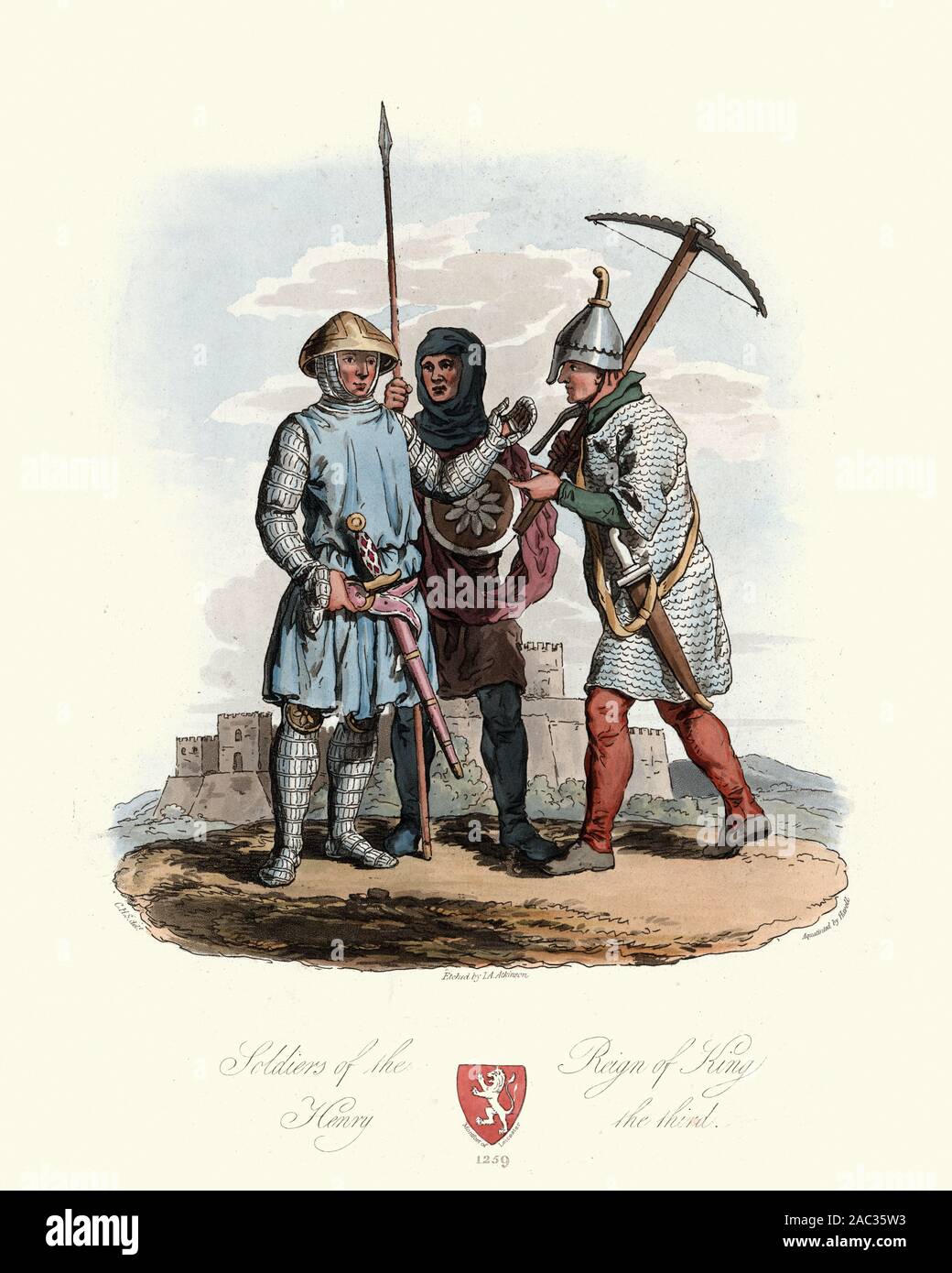 Medieval soldiers of the reign of Henry III, Swordsman, Spear and Crossbow wearing chainmail armour, 13th Century. Ancient costumes of England, 1813 Stock Photo