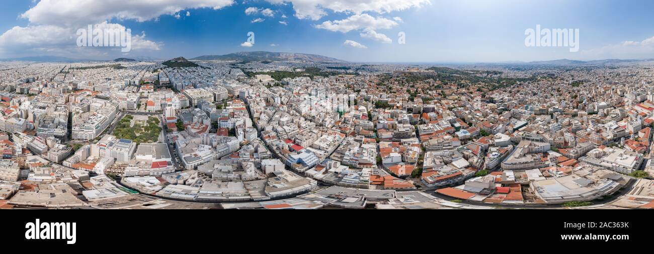 Aerial panoramic drone shot of west Athens with Lycabettus hill , Garden Byzantine , war musuem, Stock Photo