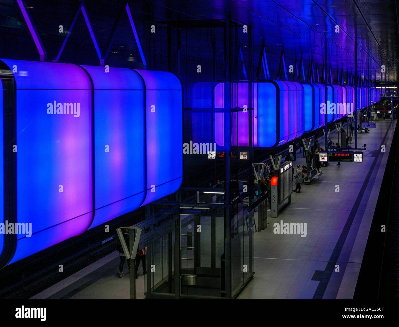 Illuminated Subway station HafenCity Universität, Hamburg, Germany, Europe Stock Photo