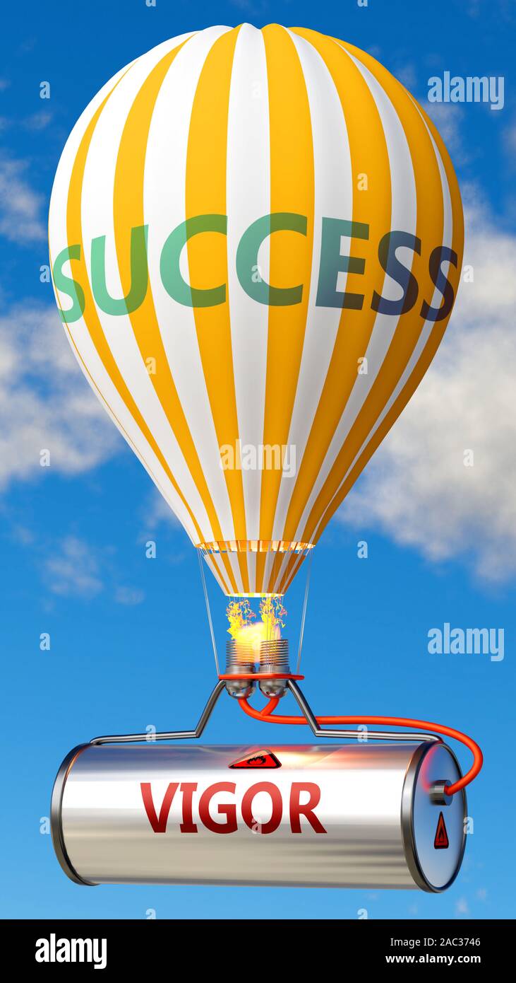 Vigor and success - shown as word Vigor on a fuel tank and a balloon, to symbolize that Vigor contribute to success in business and life, 3d illustrat Stock Photo