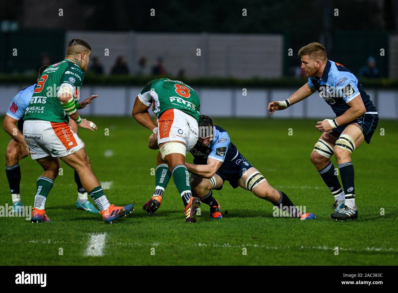Treviso, Italy. 30th Nov, 2019. tackle of james ratti (cardiff) on toa  halafihi (benetton treviso) during Benetton Treviso vs Cardiff Blues -  Rugby Guinness Pro 14 - Credit: LPS/Ettore Griffoni/Alamy Live News