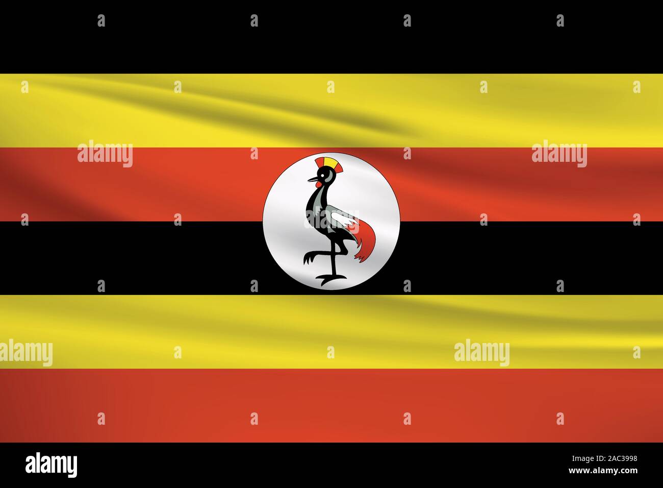 Waving Uganda flag, official colors and ratio correct. Uganda national flag. Vector illustration. Stock Vector