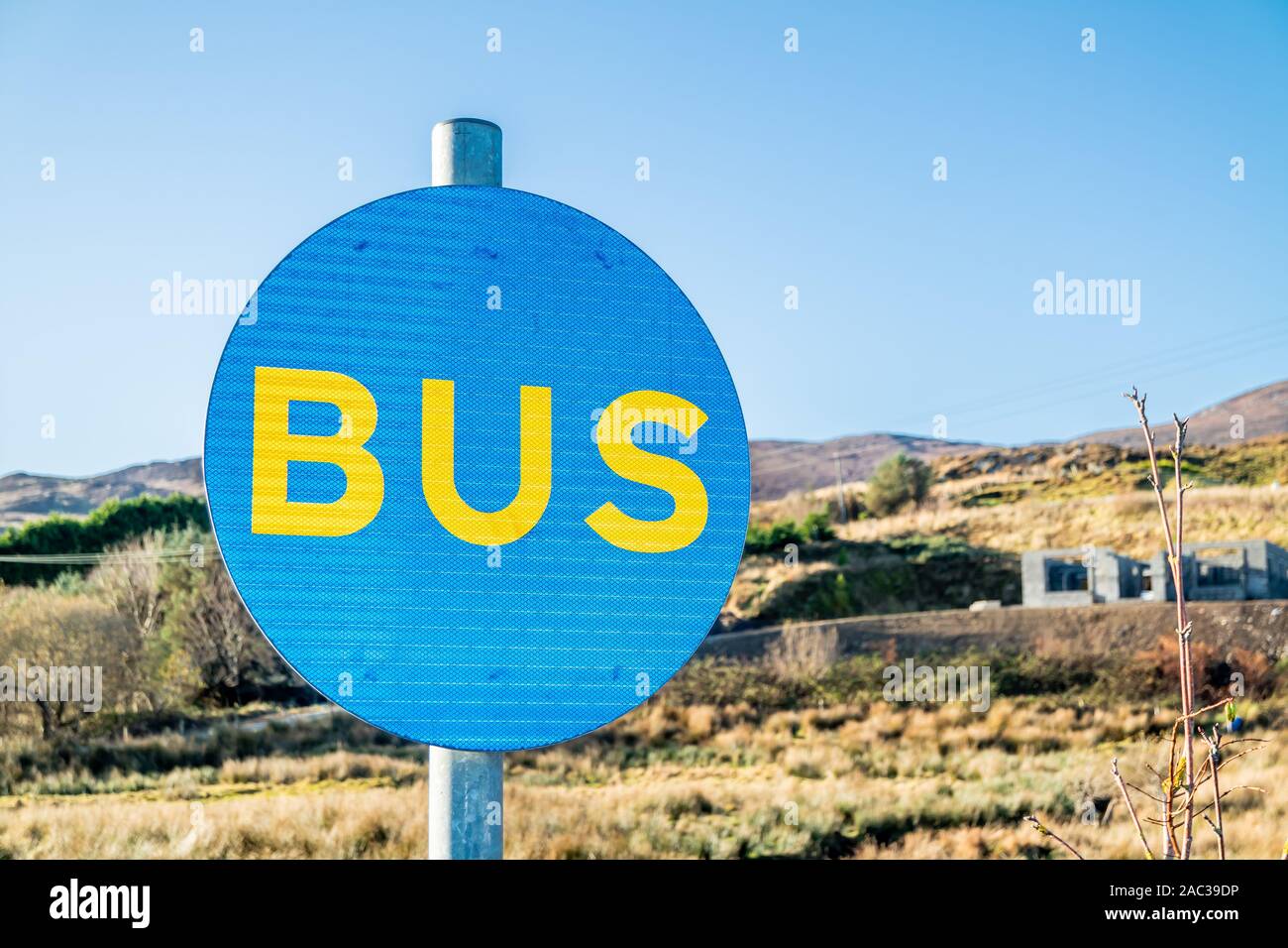 TEELIN, COUNTY DONEGAL / IRELAND - NOVEMBER 29 2019 : Sign telling where the bus stops at Sliabh Liag distillery. Stock Photo