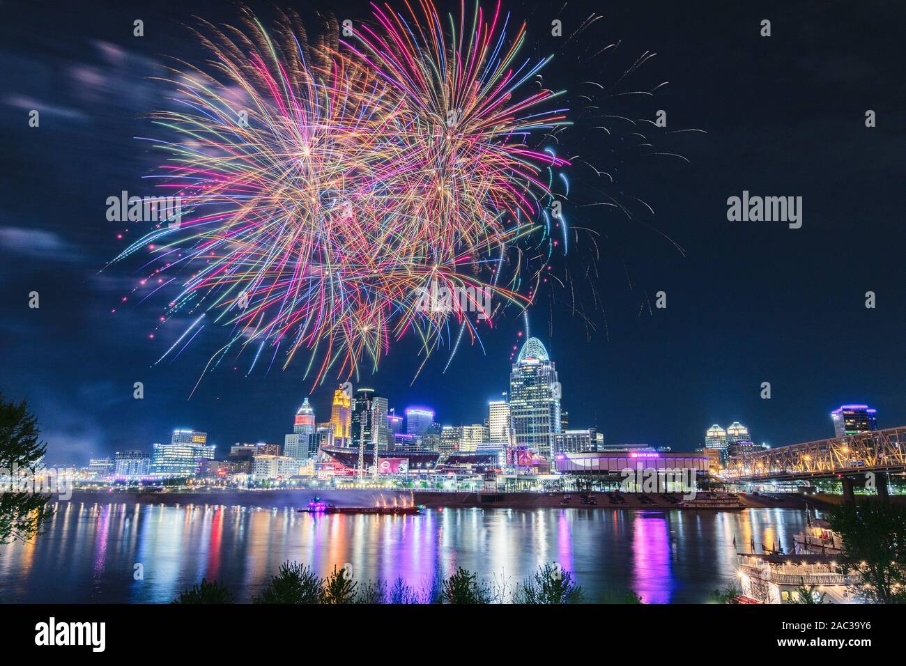 Cincinnati, Fireworks. Image taken during a Cincinnati Celebration for the MLB Cincinnati Reds. Stock Photo