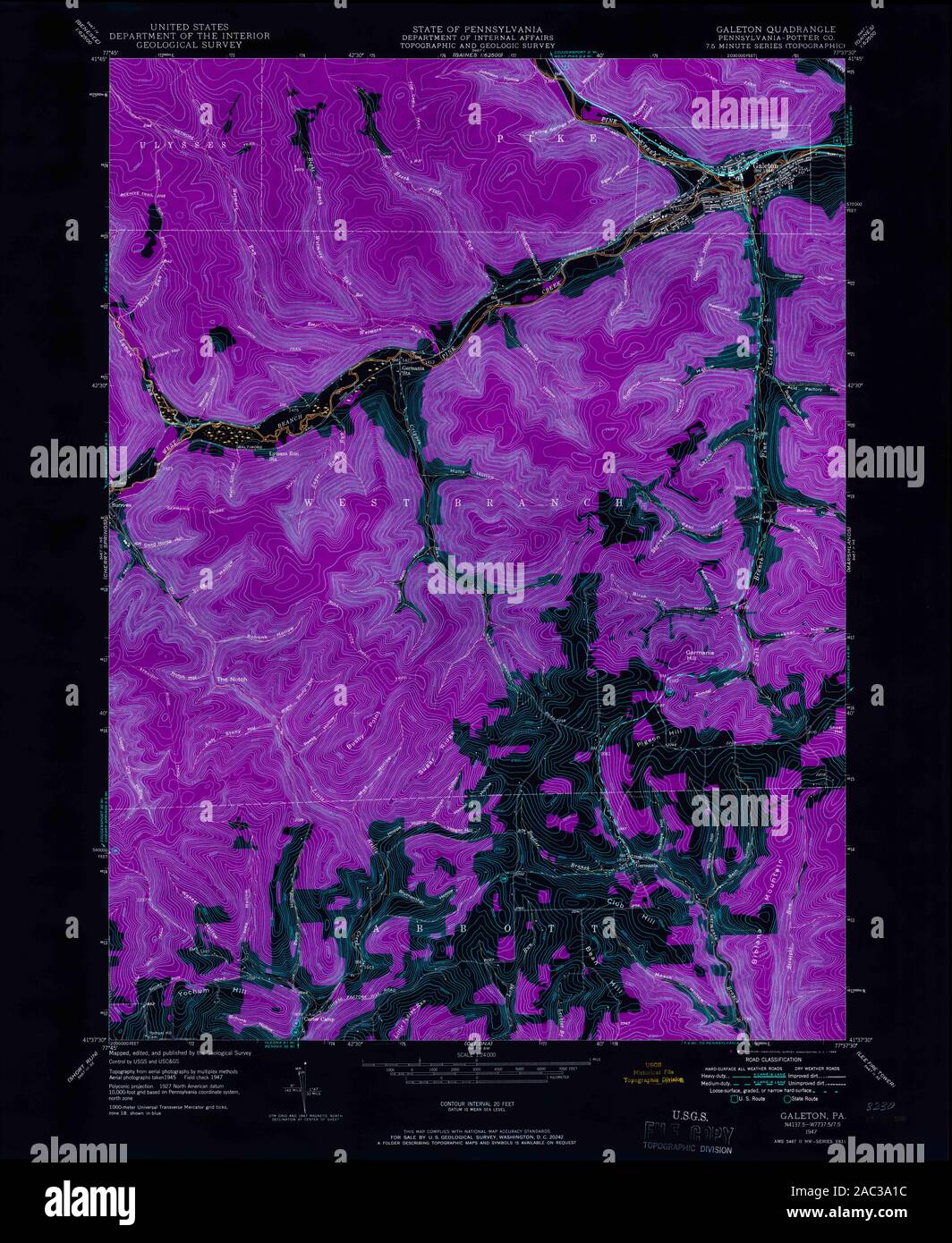 USGS TOPO Map Pennsylvania PA Galeton 170763 1947 24000 Inverted