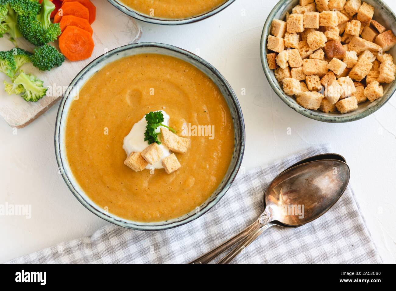 Cream vegetable soup broccoli, carrot, cauliflower with croutons ...
