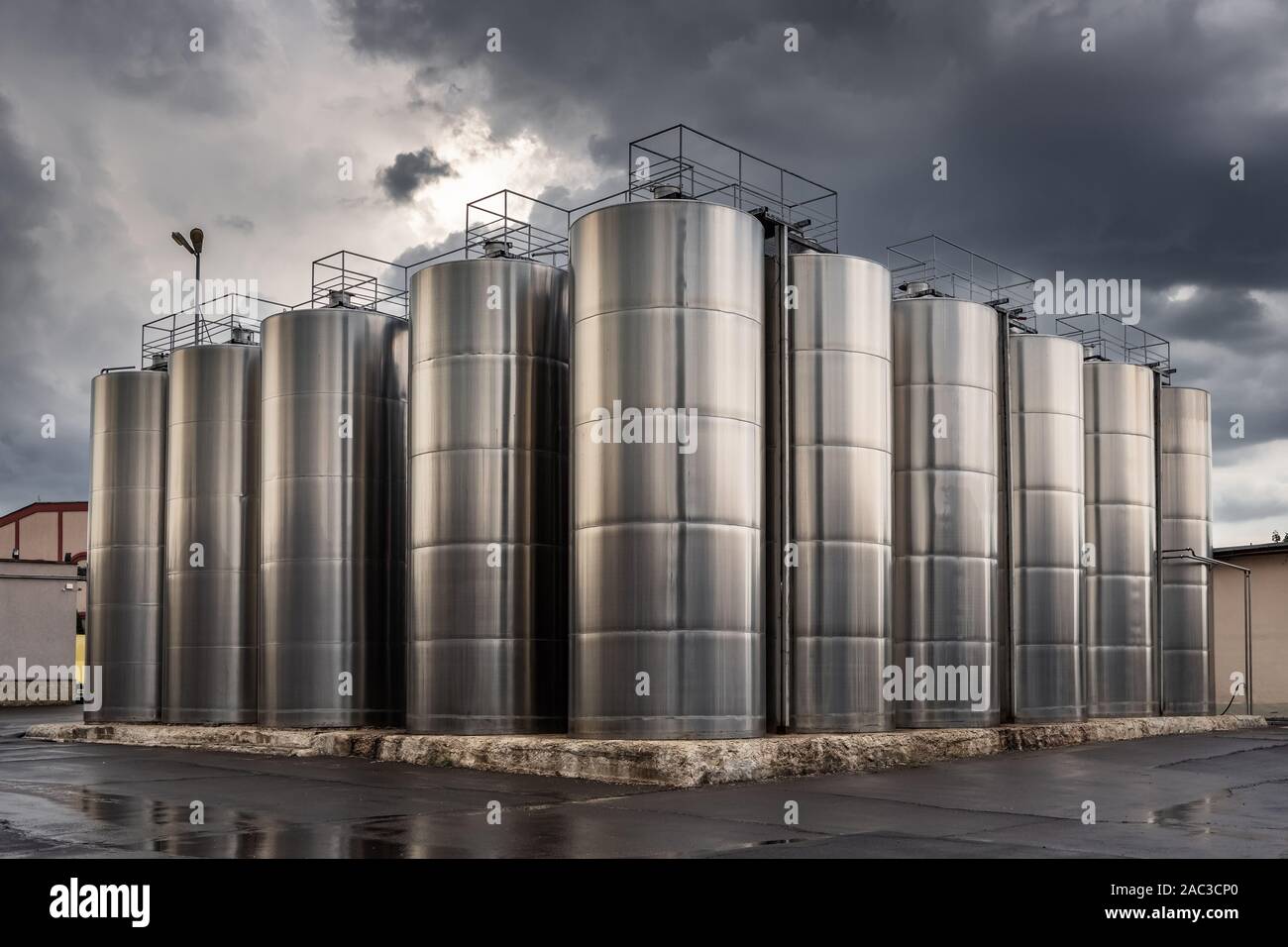 Stainless steel wine barrels in the winery Stock Photo