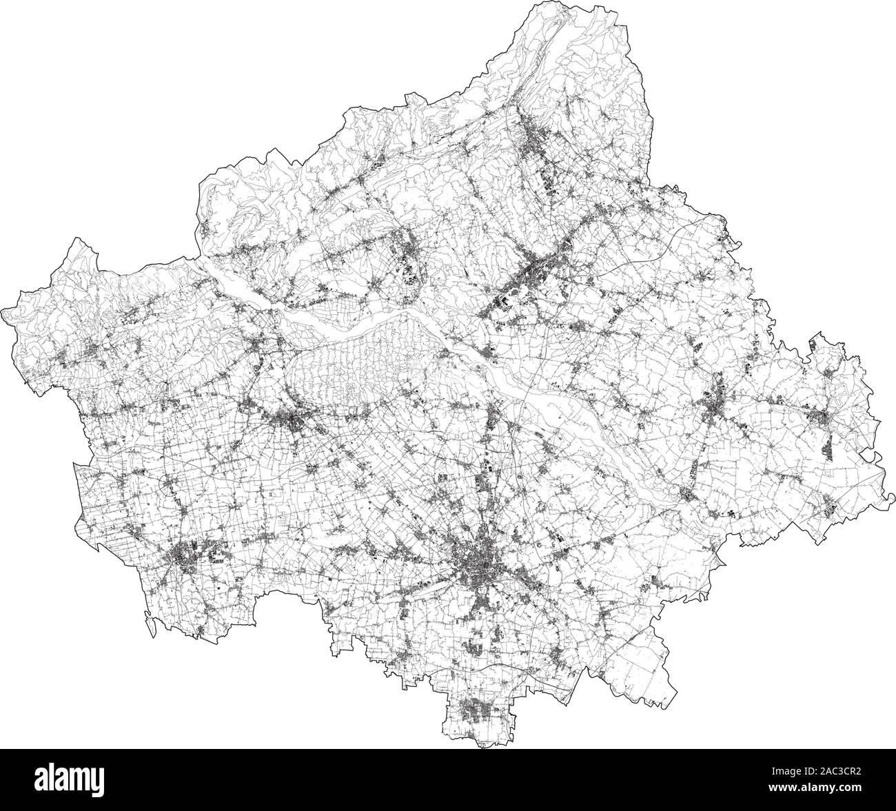 Satellite map of province of Treviso, towns and roads, buildings and connecting roads of surrounding areas. Veneto, Italy. Map roads, ring roads Stock Vector