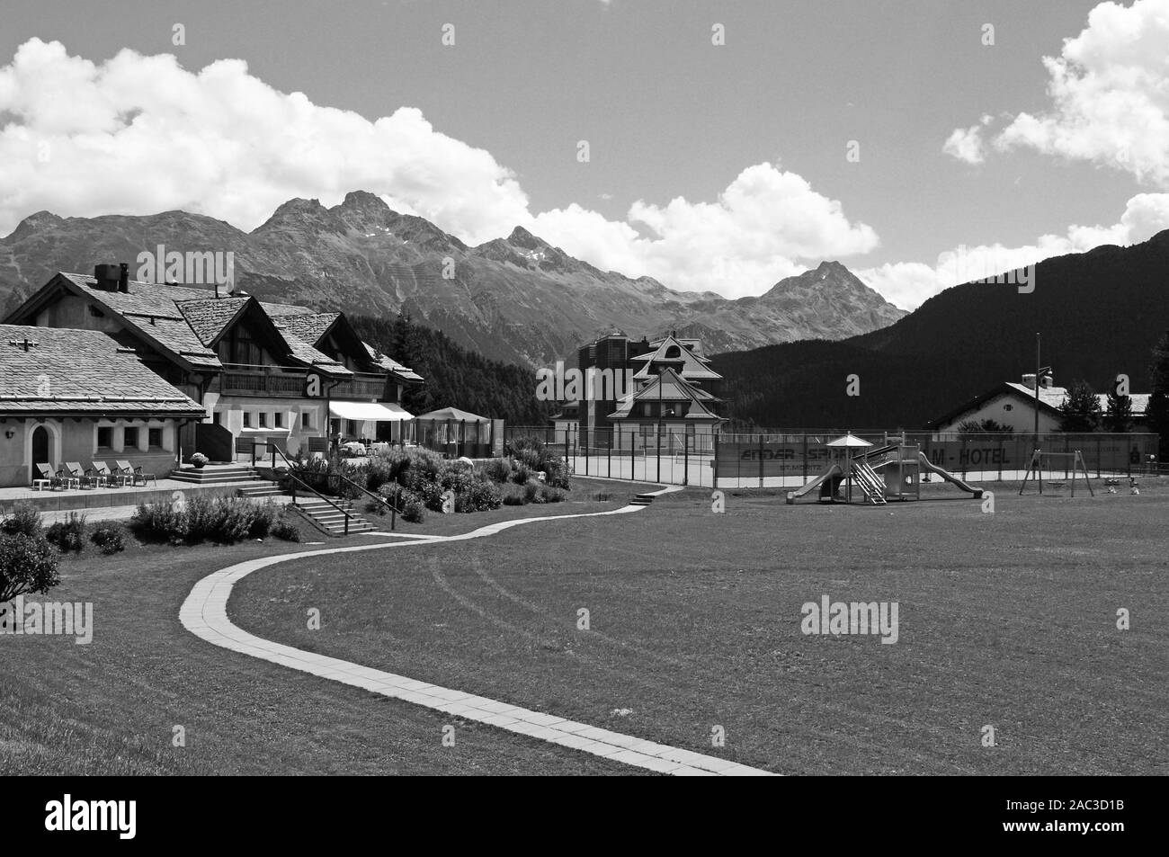 Swiss Alps: The entrance to the Kulm Hotel Golf Club in St. MOritz in the upper Engadin Stock Photo