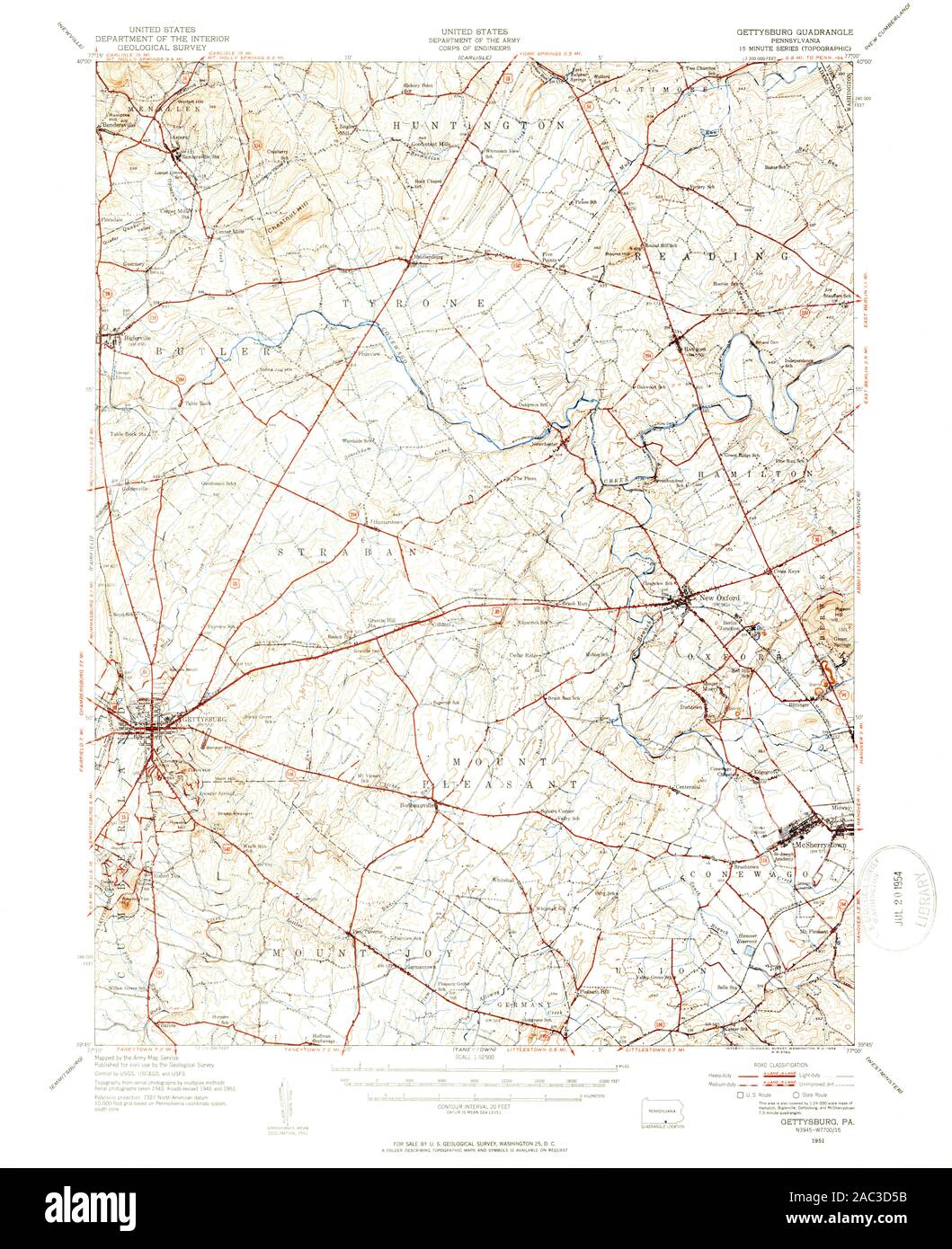 USGS TOPO Map Pennsylvania PA Gettysburg 461745 1951 62500 Restoration Stock Photo