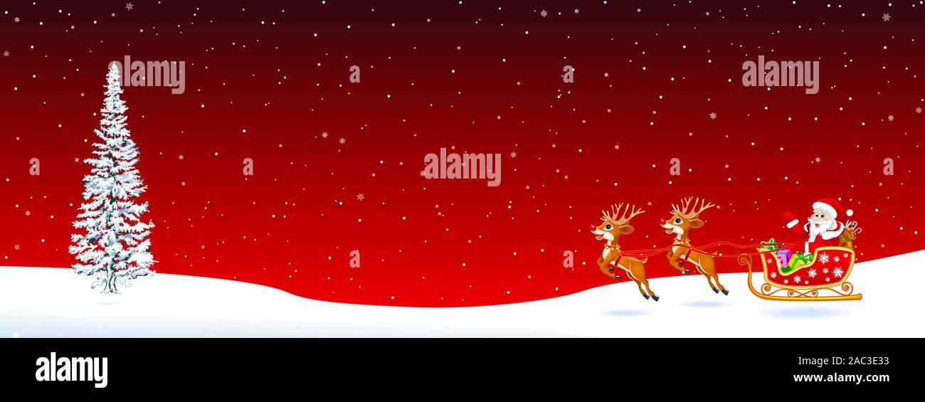 Santa Claus on a sleigh with deers on a red background. Spruce, snowflakes, snow. Christmas night. Santa welcomes. Stock Vector