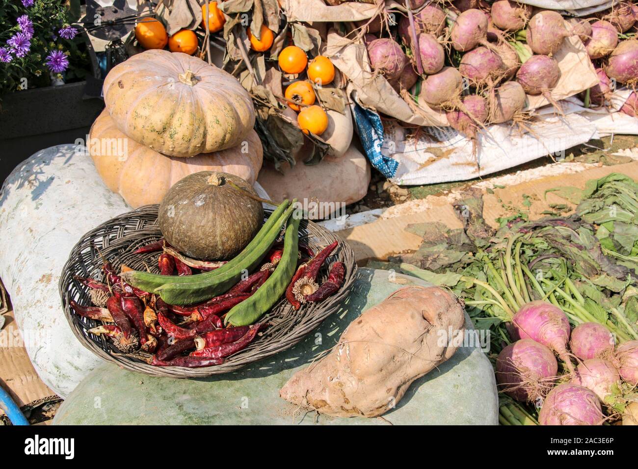 Fresh vegetables and fruits sell at farm market in South Korea Stock