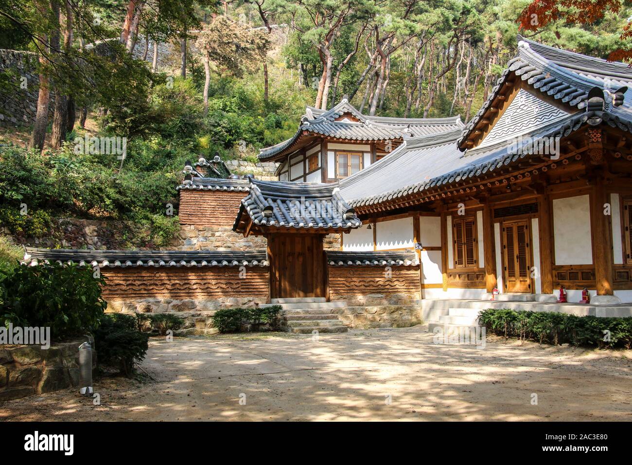 Traditional Korean-style buildings in front of the entrance to Jeondeungsa Temple in Ganghwa-gun, Incheon, South Korea Stock Photo