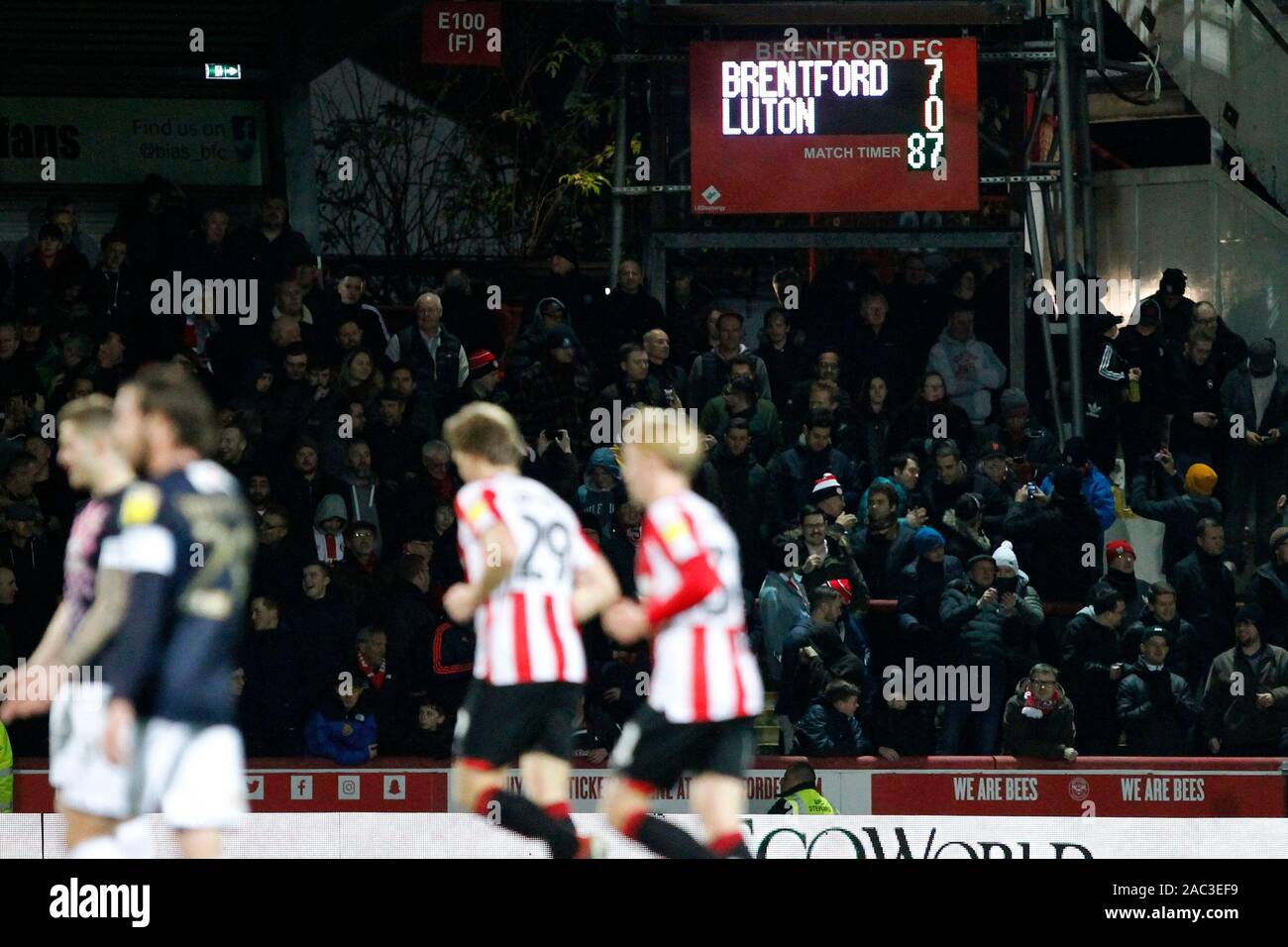 London, UK. 30th Nov, 2019. The scoreboard reflects the rout during the EFL Sky Bet Championship match between Brentford and Luton Town at Griffin Park, London, England on 30 November 2019. Photo by Carlton Myrie. Editorial use only, license required for commercial use. No use in betting, games or a single club/league/player publications. Credit: UK Sports Pics Ltd/Alamy Live News Stock Photo