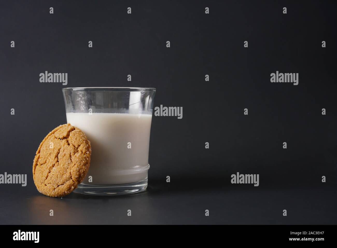 A gingerbread cookie leans up against a glass of cold milk on a black background with copy space on right side Stock Photo