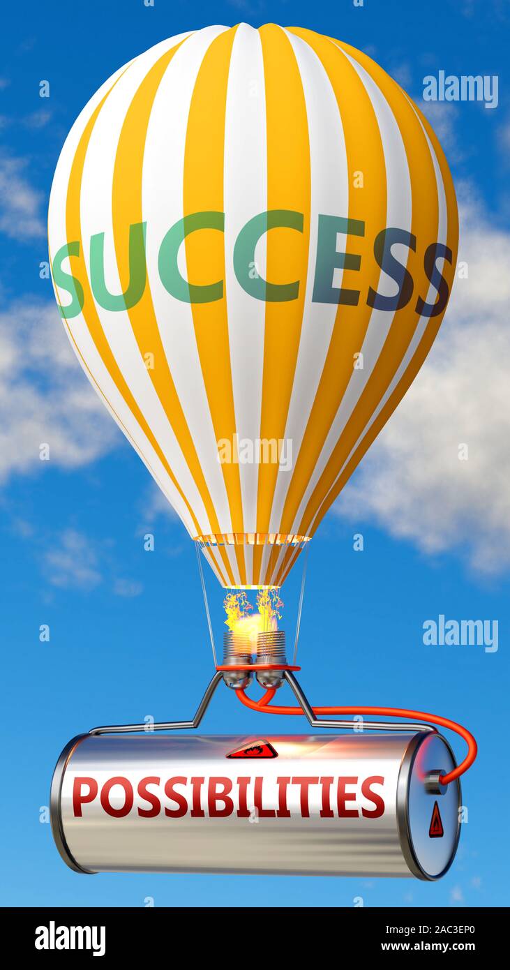 Possibilities and success - shown as word Possibilities on a fuel tank and a balloon, to symbolize that Possibilities contribute to success in busines Stock Photo