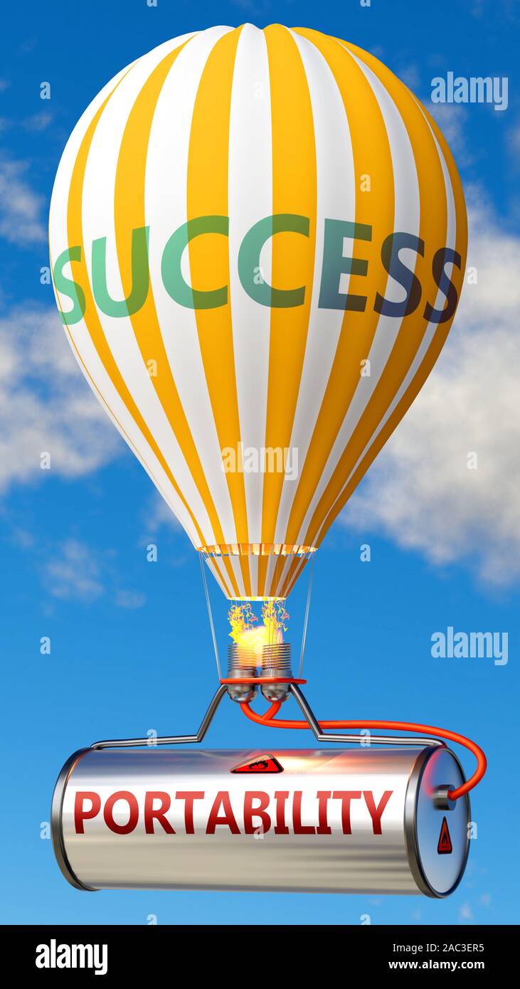 Portability and success - shown as word Portability on a fuel tank and a balloon, to symbolize that Portability contribute to success in business and Stock Photo