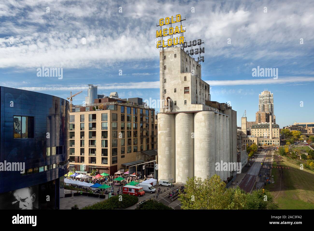 Gold Medal Flour sign and grain elevators which are part of historic Mill City Museum in downtown Minneapolis, Minnesota Stock Photo