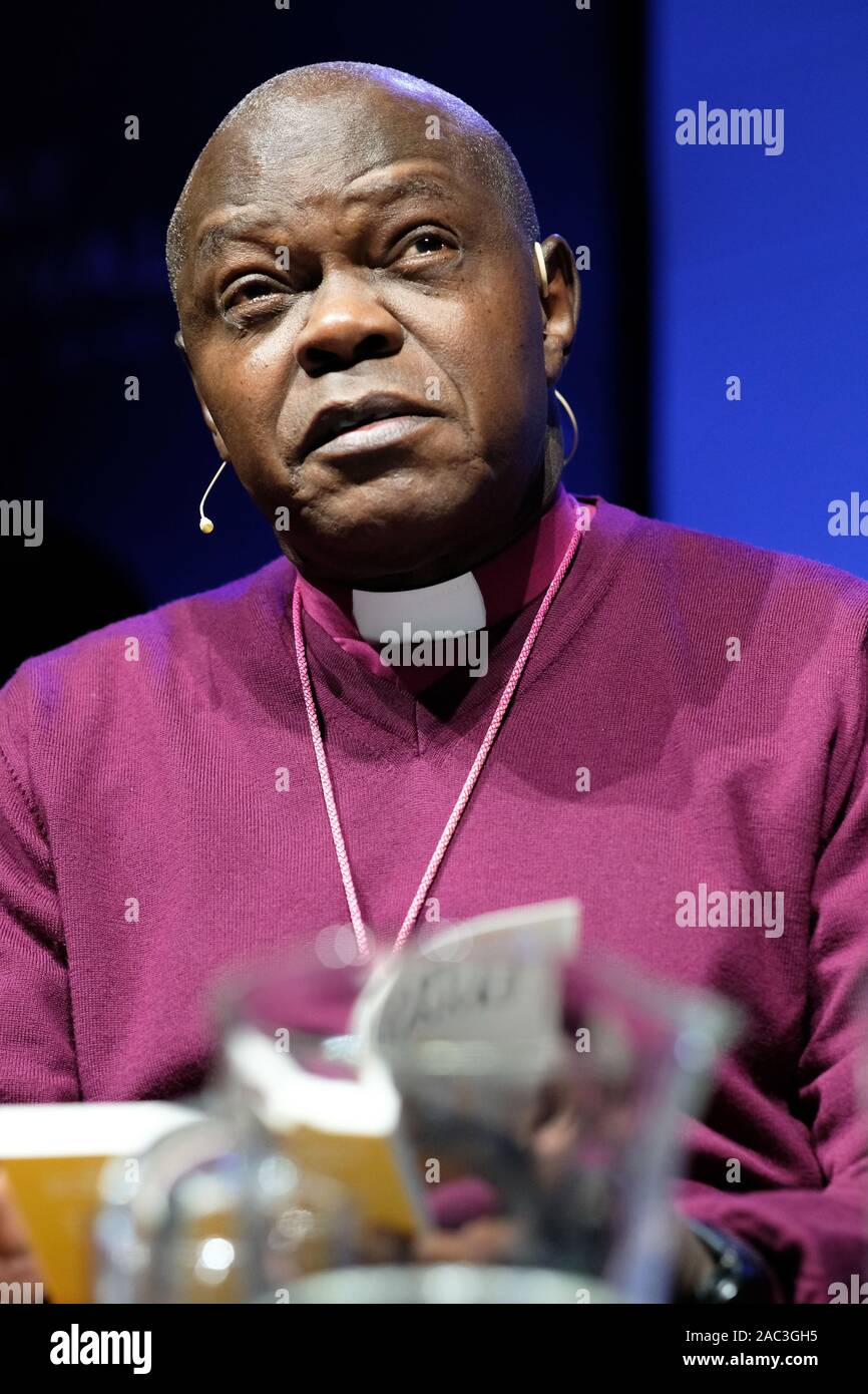 Hay Festival Winter Weekend, Hay on Wye, Powys, Wales, UK - Saturday 30th November 2019 - John Sentamu the Archbishop of York on stage at the Hay Festival Winter Weekend talking about his new book Wake up to Advent!.  Credit: Steven May/Alamy Live News Stock Photo