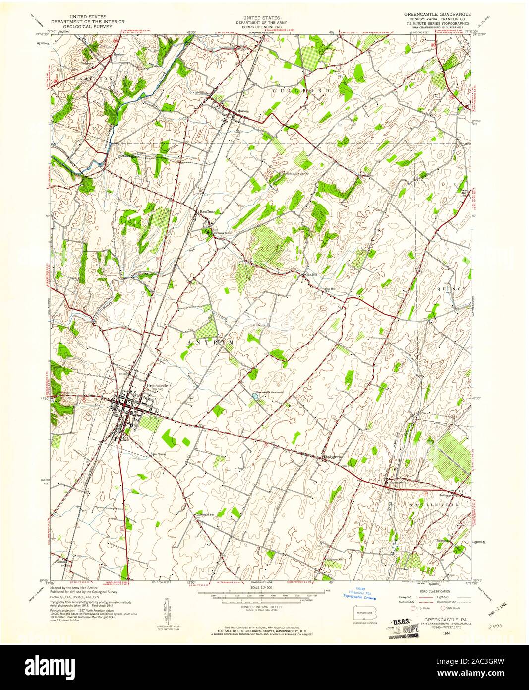 USGS TOPO Map Pennsylvania PA Greencastle 170820 1944 24000 Restoration