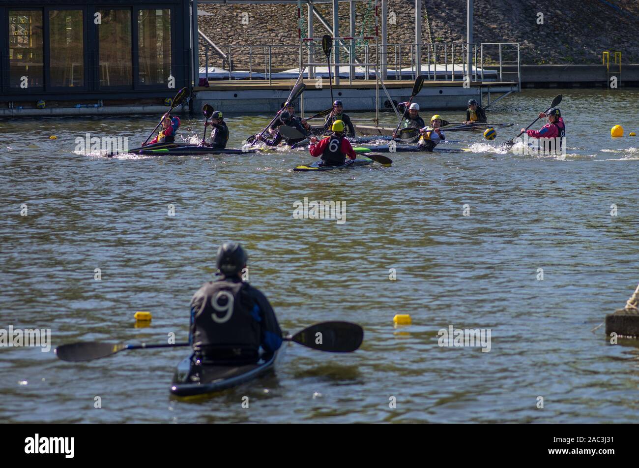 Canoe polo match Stock Photo Alamy