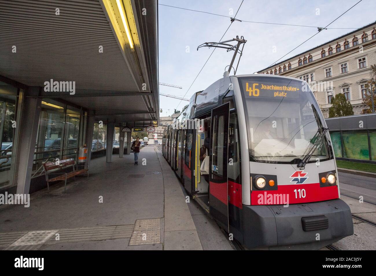 VIENNA, AUSTRIA - NOVEMBER 6, 2019: Vienna tram, also called strassenbahn, the most recent model. passing by on the iconic ringstrasse in the city cen Stock Photo