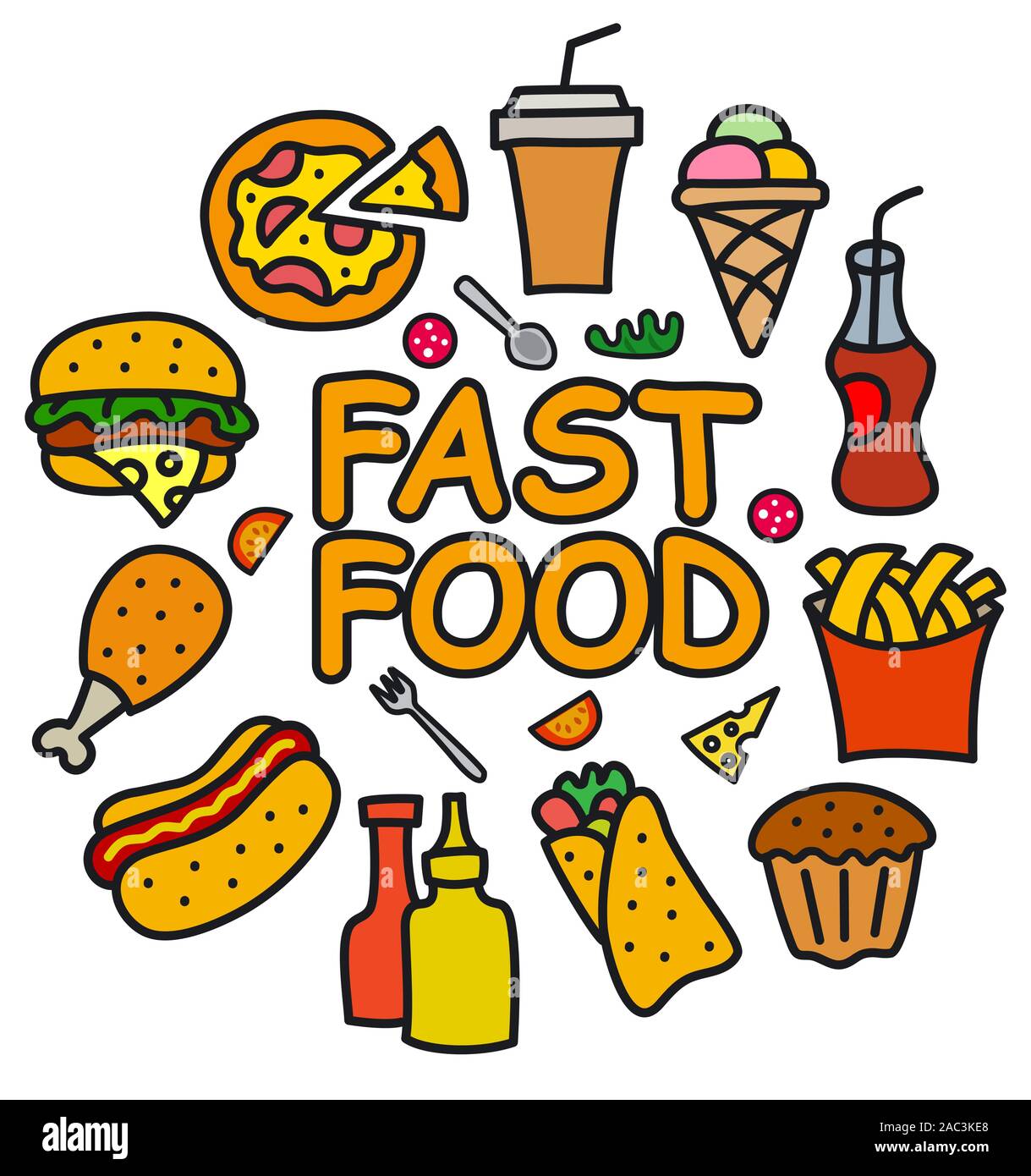 Fast food junk products set drawing Royalty Free Vector