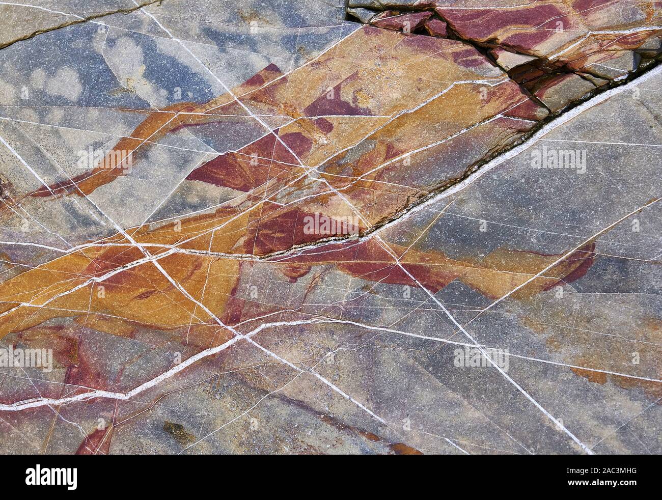 Quartz and iron intrusion patterns in metamorphic rocks of coastal cliffs along the shore near Sand Point in Somerset UK Stock Photo