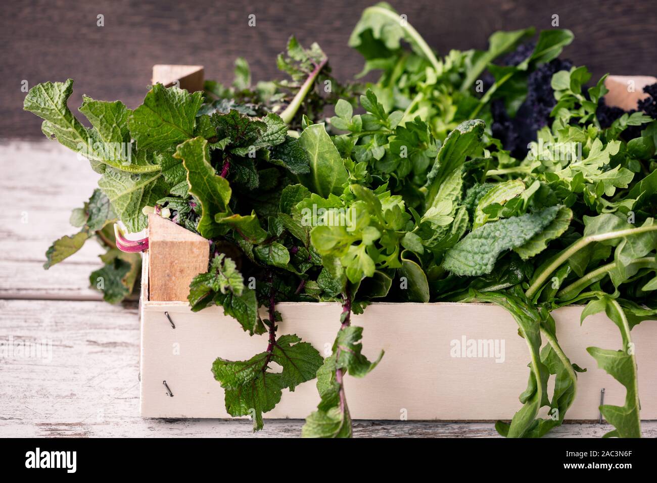 wild edible spontaneous herbs in a crate Stock Photo