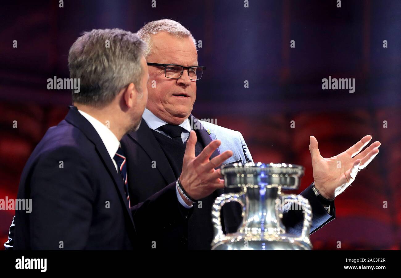 Group E, Poland manager Jerzy Brzeczek (left) and Sweden manager Janne Andersson during the Euro 2020 Draw at the Romexpo Exhibition Centre, Bucharest. Stock Photo