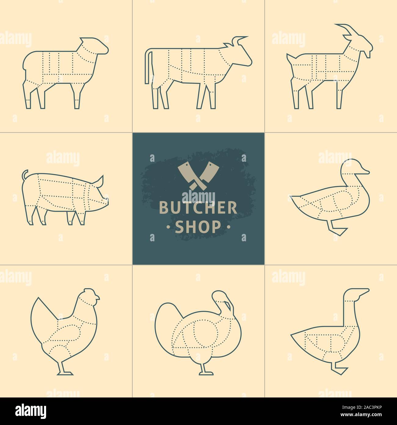 Set a schematic view of animals for the butcher shop. Stock Vector