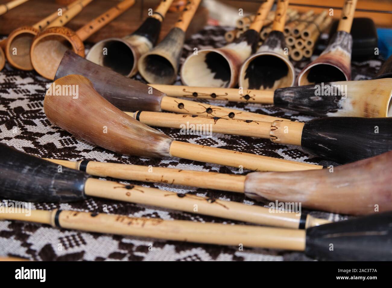 Exposure of sardinian woodwind instruments (launeddas, pipiolu and benas), handmade from expert artisan Stock Photo