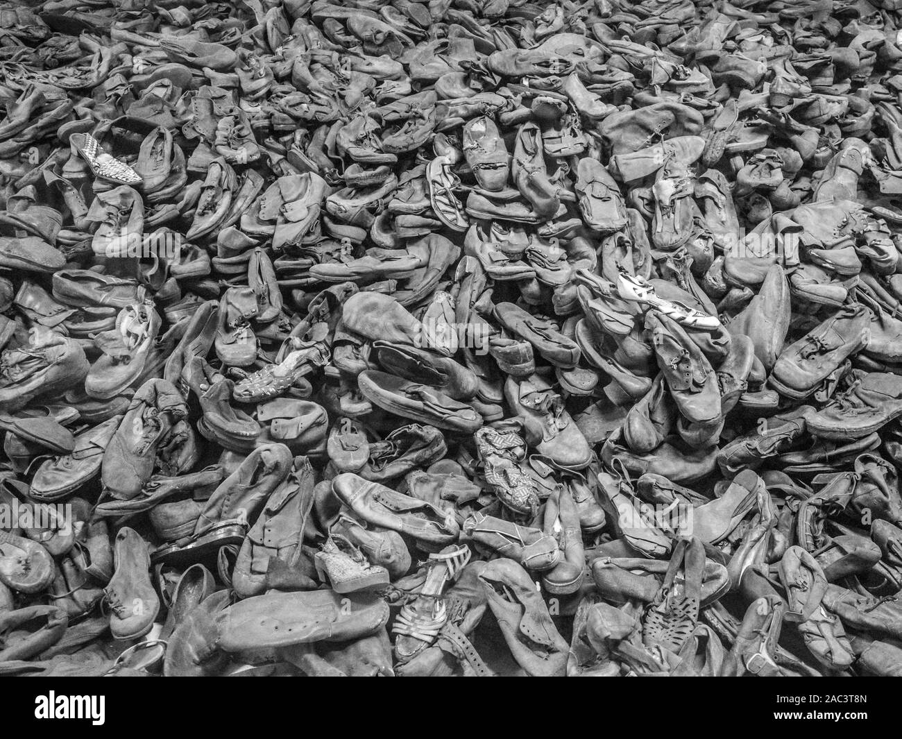 Auschwitz, Oświęcim, Poland - June 05, 2019: The shoes from the people who were killed in Auschwitz. The biggest nazi concentration camp in Europe dur Stock Photo