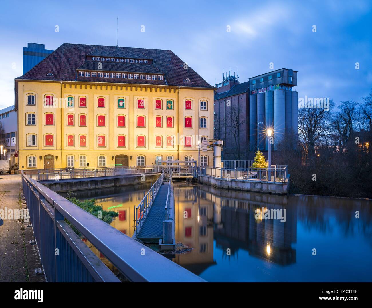 Celle, Germany. 30th Nov, 2019. The Rathsmühle has been decorated with numbers and Christmas motifs in the windows to create an Advent calendar. Credit: Moritz Frankenberg/dpa/Alamy Live News Stock Photo