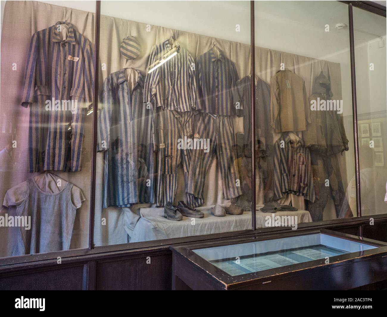 Auschwitz, Oświęcim, Poland - June 05, 2019: Showcase eith everyday clothes of prisoners in Auschwitz. The largest Nazi concentration camp in Europe d Stock Photo