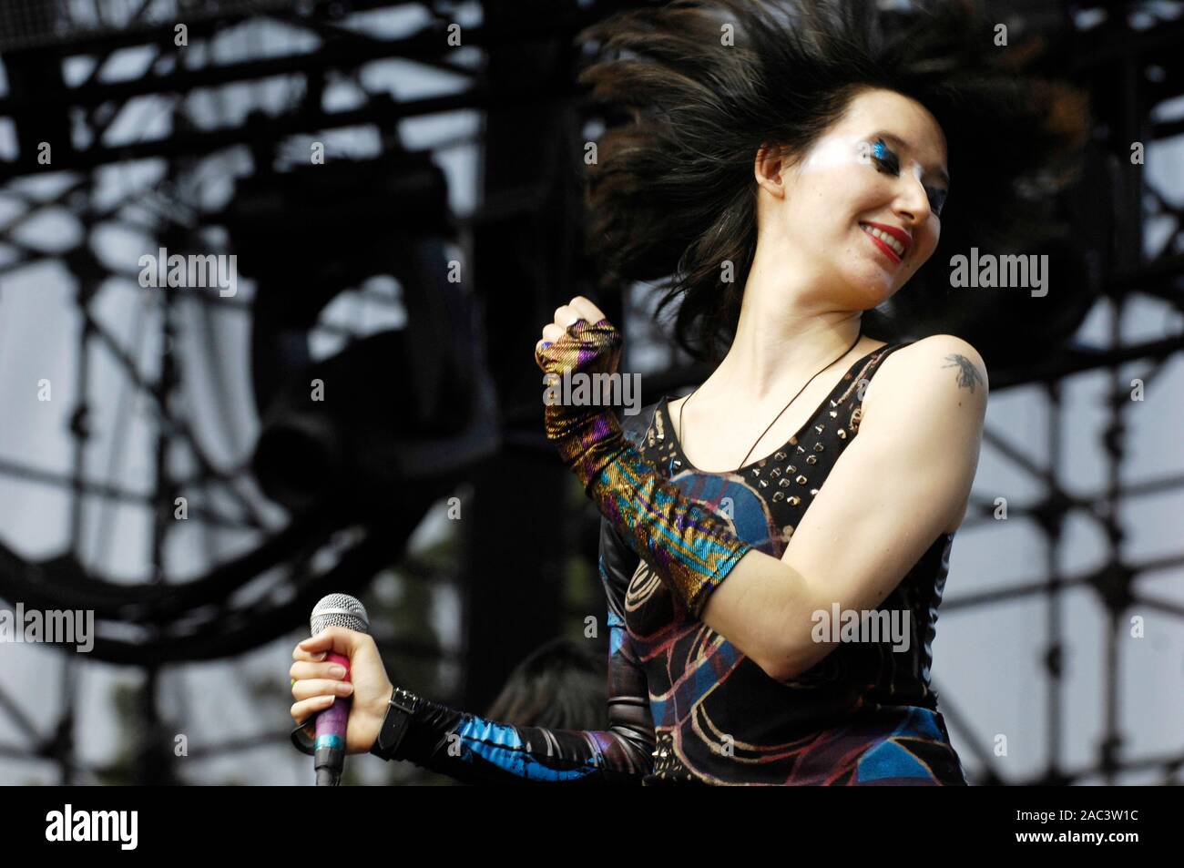 Karen O of the Yeah Yeah Yeahs performs at The 2009 KROQ Weenie Roast Y Fiesta at Verizon Wireless Amphitheater on May 16, 2009 in Irvine. Stock Photo