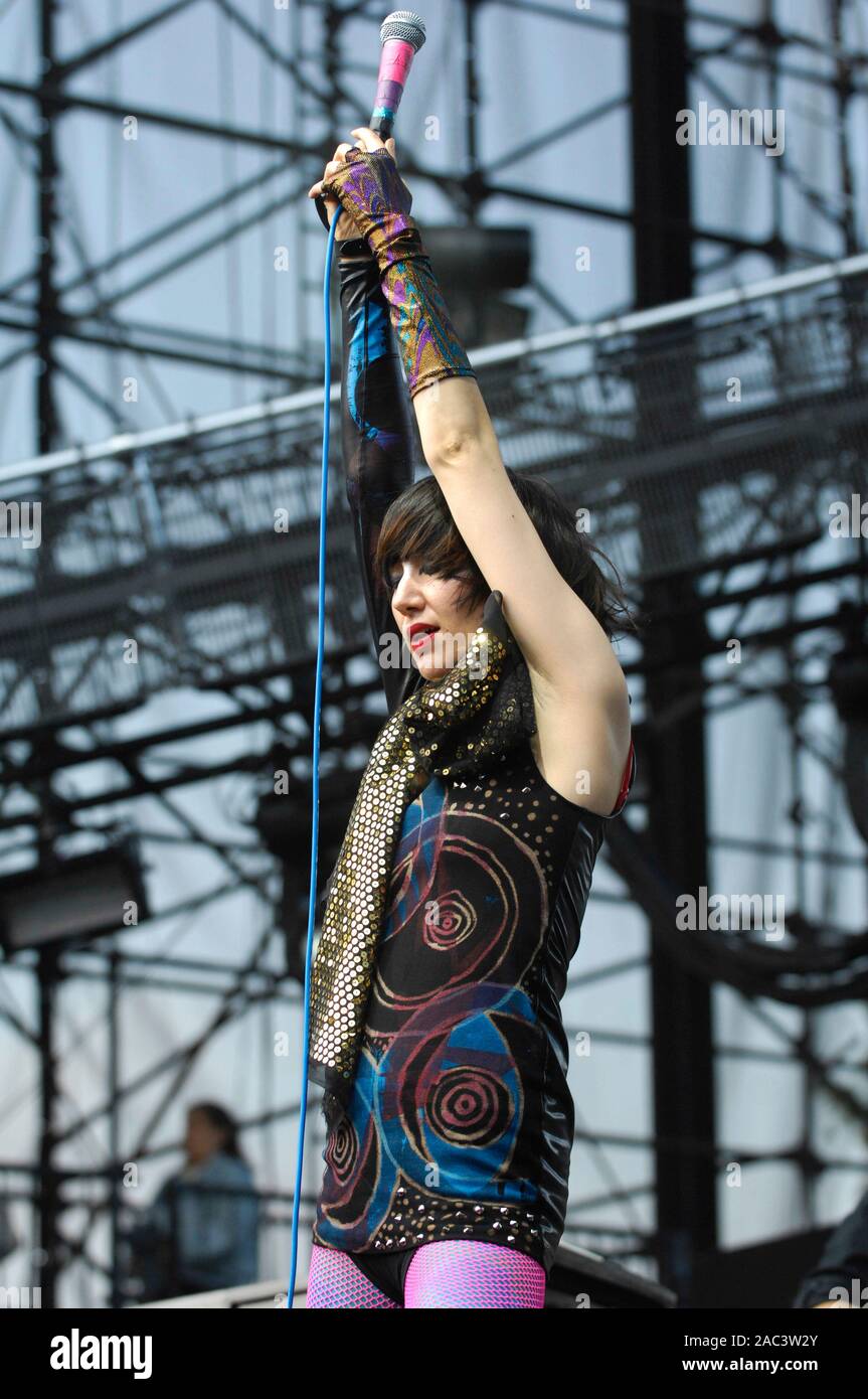 Karen O of the Yeah Yeah Yeahs performs at The 2009 KROQ Weenie Roast Y Fiesta at Verizon Wireless Amphitheater on May 16, 2009 in Irvine. Stock Photo
