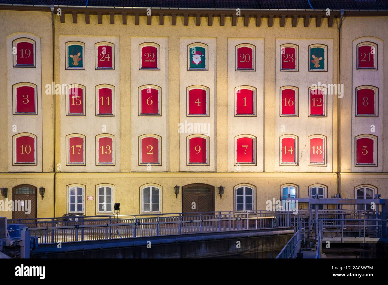 Celle, Germany. 30th Nov, 2019. The Rathsmühle has been decorated with numbers and Christmas motifs in the windows to create an Advent calendar. Credit: Moritz Frankenberg/dpa/Alamy Live News Stock Photo