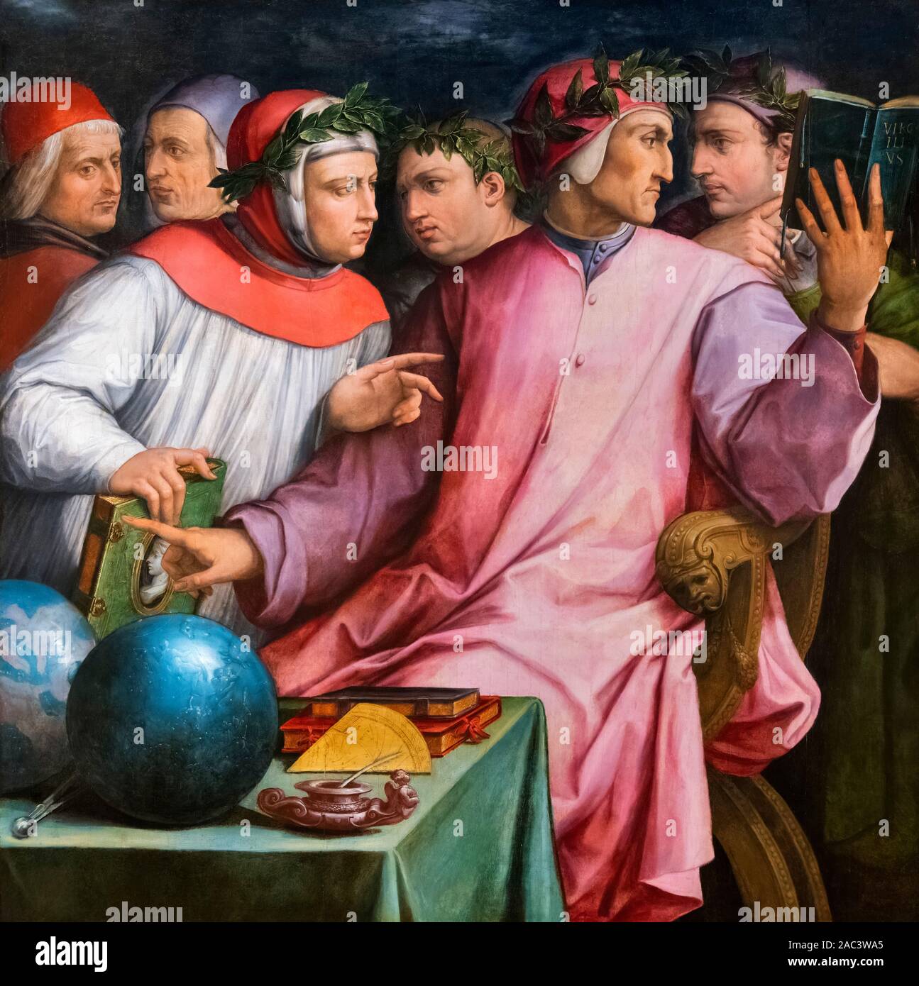 Six Tuscan Poets by Giorgio Vasari (1511-1574), oil on panel, 1544. From left to right: Marsilio Ficino, Cristoforo Landino, Francesco Petrarca, Giovanni Boccaccio, Dante Alighieri and Guido Cavalcanti Stock Photo