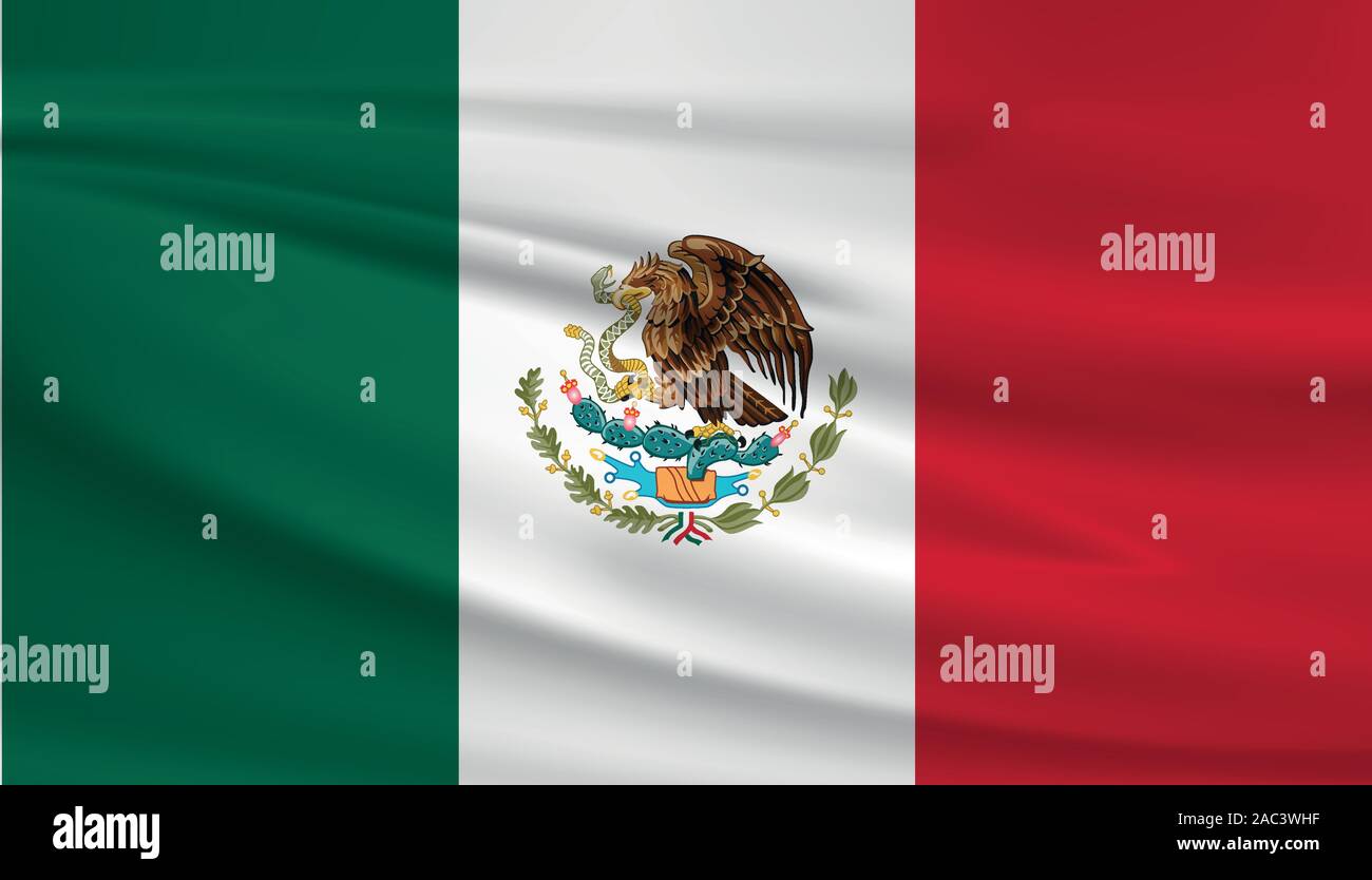 Waving Mexico flag, official colors and ratio correct. Mexico national flag. Vector illustration. Stock Vector