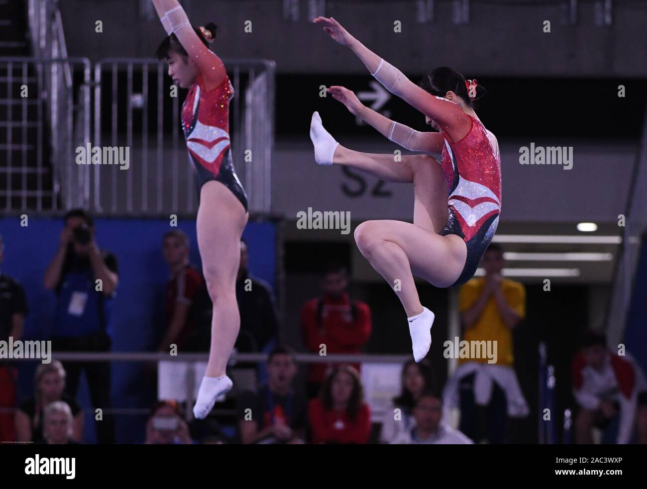 Tokyo, Japan. 30th Nov, 2019. Japan's Synchronised female Trampoline squad  Takagi Yumi and Kishi Ayano take the first place at the Olympic Gymnastics  Center in Ariake Japan during the 34th FIG Trampoline