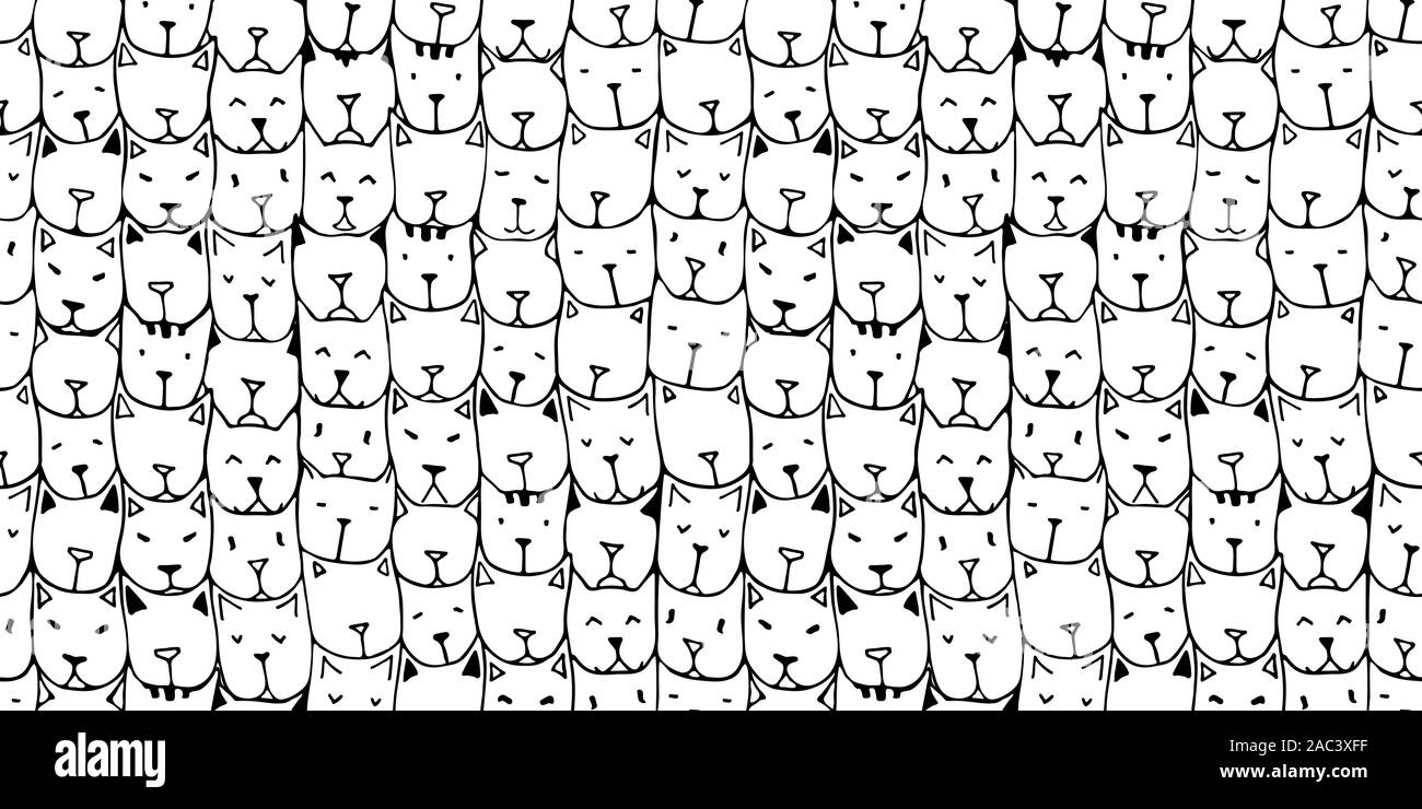 Seamles patterns with cute hand drawn cats. Vintage vector illustration. Doodle art. Background with cat faces. Adult coloring pages. Zentangle coloring book. Stock Vector