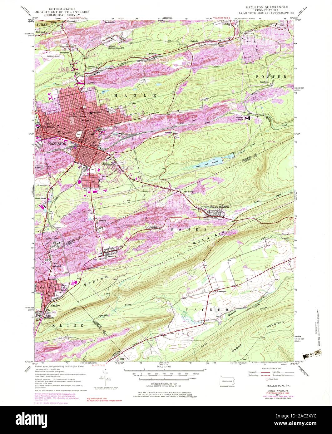 USGS TOPO Map Pennsylvania PA Hazleton 171950 1947 24000 Restoration Stock Photo