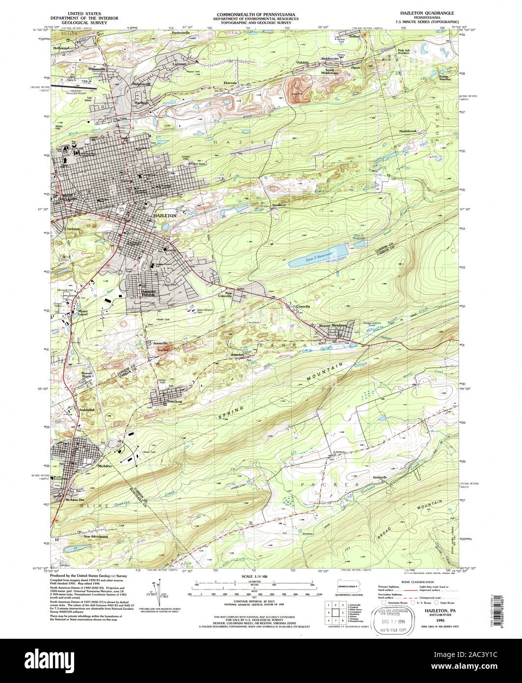 USGS TOPO Map Pennsylvania PA Hazleton 222850 1995 24000 Restoration Stock Photo