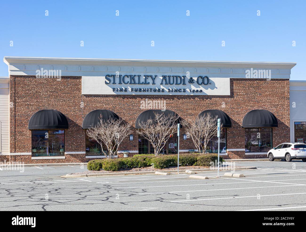 PINEVILLE, NC, USA-24 NOV 2019:  A Stickley Audi & Co. storefront.  The company is family owned, and has been in business since 1928. Stock Photo