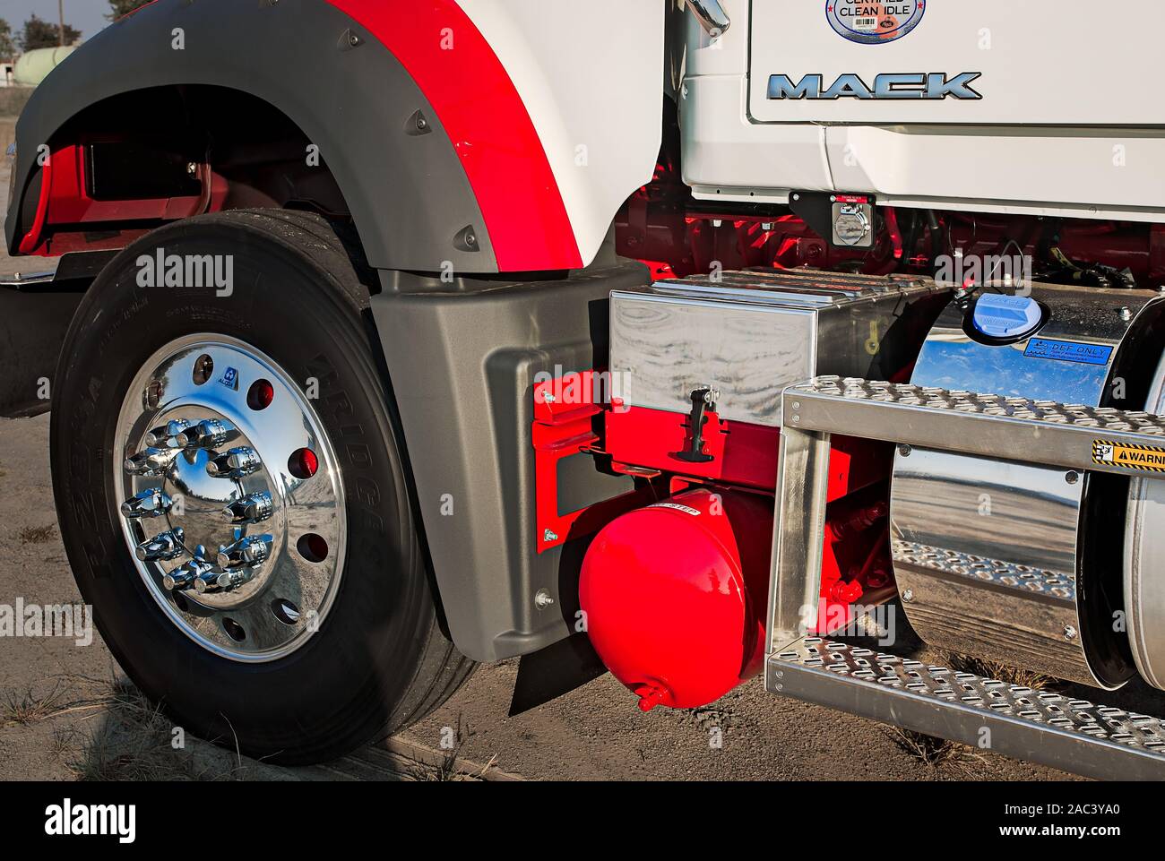 The battery box, DEF tank, and fuel tank are shown on a 2017 Mack Granite at Shealy's Truck Center, Nov. 16, 2016, in Columbia, South Carolina. Stock Photo